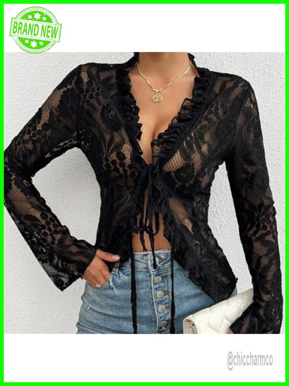 Y2K Sexy Open Front Tie Long Sleeve Ruffle Trim See Through Mesh Crop Top - Picture 4 of 6